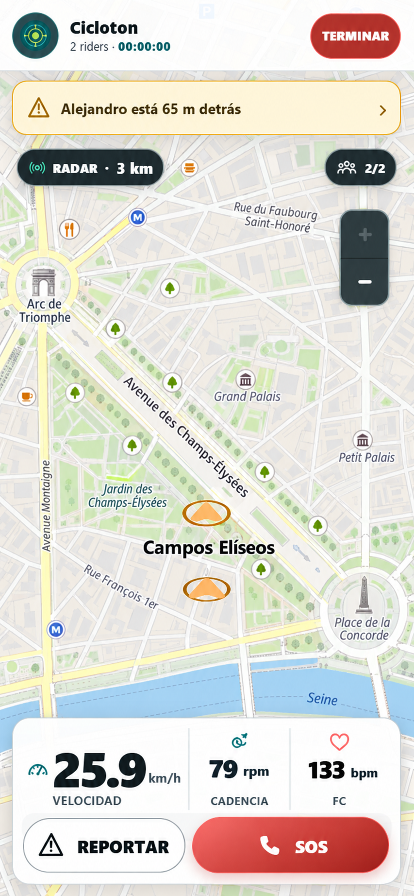 Ejemplo de una rodada en grupo: mapa de ciclistas, aviso de integrante rezagado y métricas de velocidad, cadencia y pulso